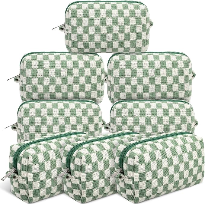 Gilprop 8 Pcs Checkered Makeup Bag for Purse Small Cosmetic Pouch Bulk Portable Zipper Makeup Pouch Travel Toiletry Organizer Gifts for Women Bridesmaid Wedding Party Favors (Green) by Gilprop