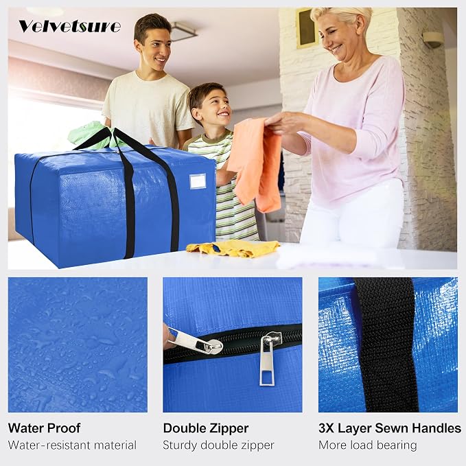 VELVETSURE Heavy Duty Extra Large Moving Bags W/Backpack Straps - Strong Handles & Zippers, Storage Totes For Space Saving, Fold Flat, Alternative to Box and Bin (Set of 6, Multicolor) - Image 3