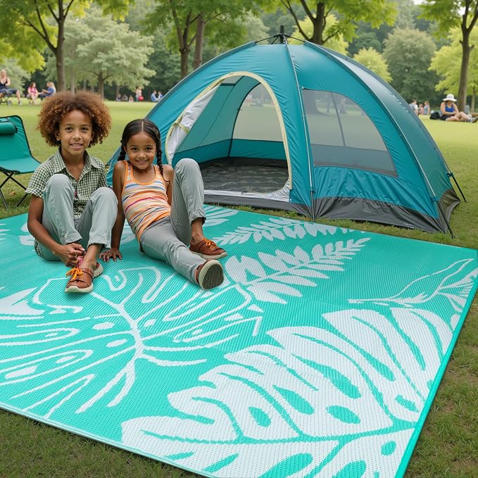 PureCozy Outdoor Plastic Straw Rug Leaf Waterproof Teal Blue Outside Patio 6x9 Carpet Tropical Reversible Mat Washable Large for Camping RV Porch Deck Balcony Beach - Image 2