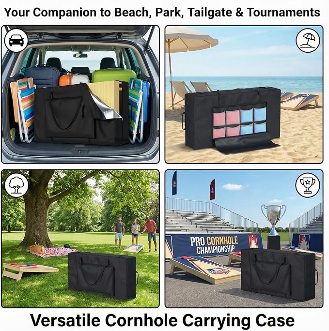 Cornhole Carrying Case Fits 4' x 2' Regulation Size Board,with Bean Bag Storage,600DHeavy-Duty Waterproof Cornhole Boards Bag - Image 6