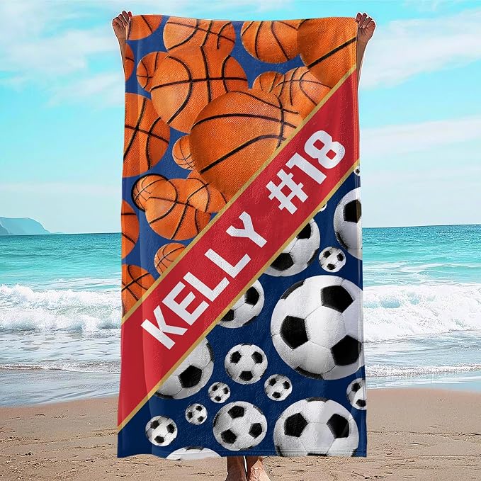 Personalized Beach Towel With Name, Custom Beach Towel with Text, Customized Basketball Football Microfiber Pool Towel, Quick Dry & Absorbent Swim Towel for Adult,Anniversary, Birthday, Summer Holiday by JML