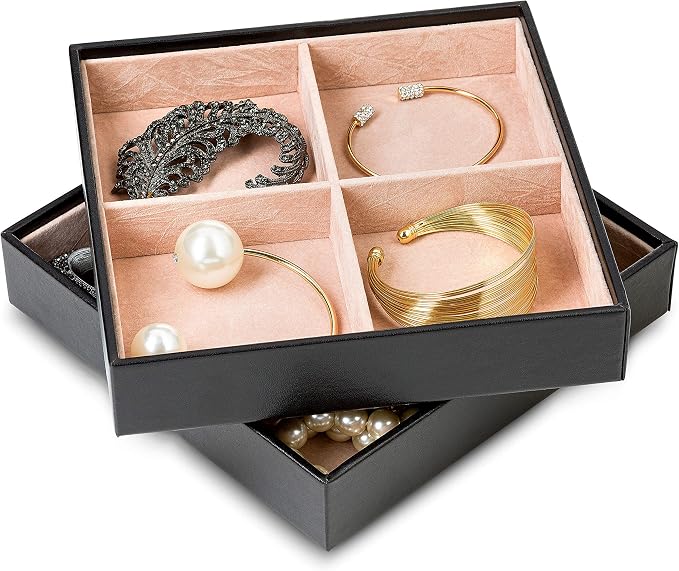 Glenor Co Jewelry Organizer Tray - Set of 2 - Stackable 8 Square Slot Jewelry Storage Trays - Display on Dresser or Drawer - Compatible with other trays - Black - Image 3
