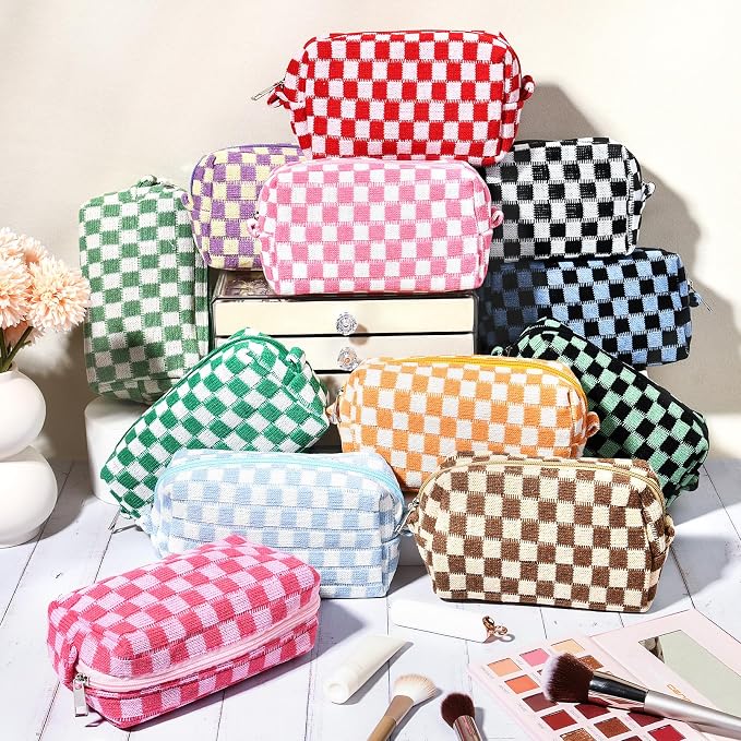 SOIDRAM 12PCS Checkered Makeup Bag Preppy Cosmetic Bag Bulk colorful Makeup Pouch Personalize Travel Toiletry Bag Organizer Cute DIY Makeup Brushes Storage Bag for Women - Image 2