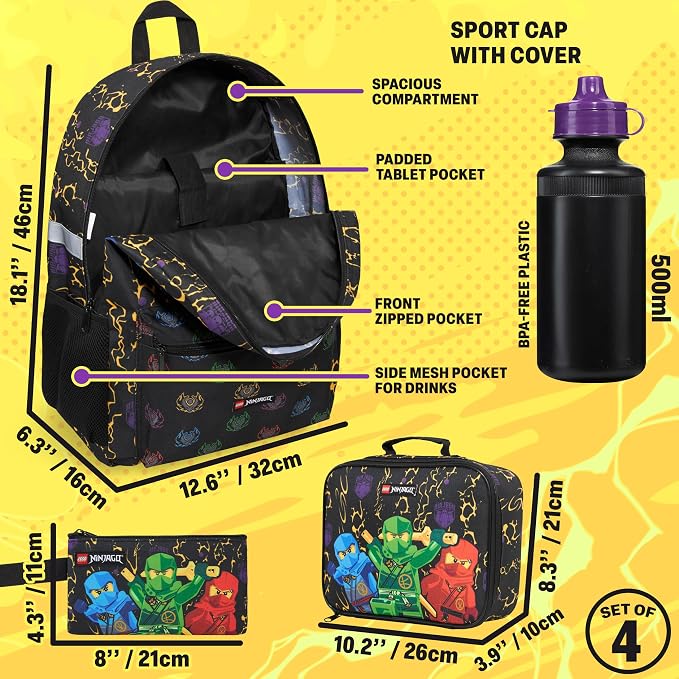 Get Trend Lego Ninjago Boys Backpack 4 Piece Set | 18 In Bookbag with Insulated Lunch Bag, Zipped Pencil Case & BPA-Free Water Bottle, Adjustable Padded Straps, Gifts for Boys - Image 3