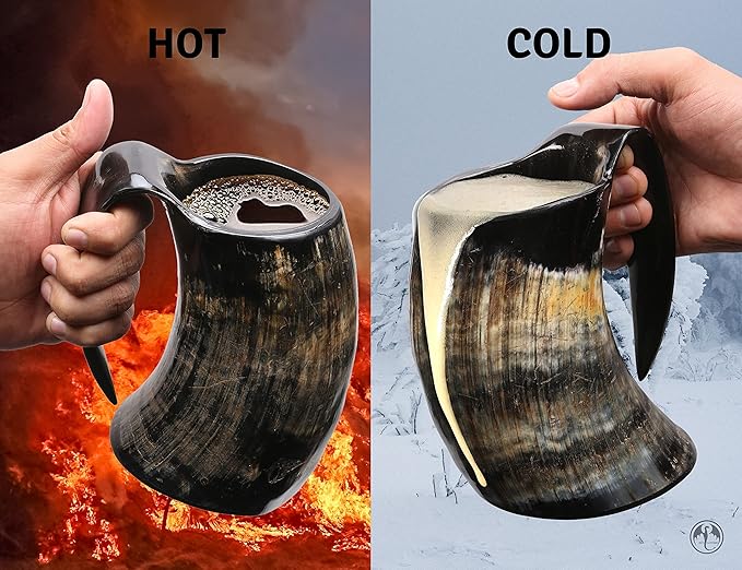 OLDEMPEROR Viking Drinking Horn Mug -16 Oz - Chirstmas Gifts for Men, Women, Dad, Husband - Unique Handmade for Hot & Cold - Food Grade Medieval Style Ale Beer & Mead Cup