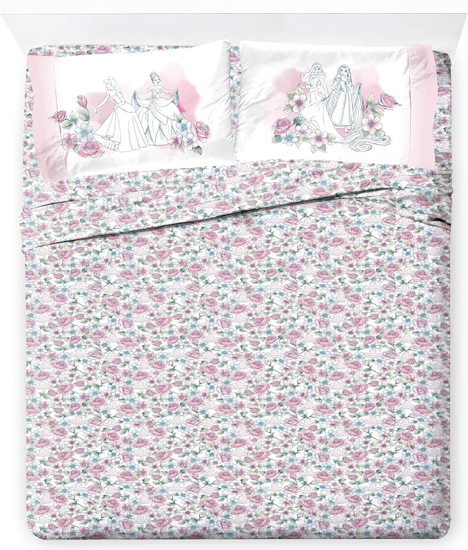 Jay Franco Kids Sheet Set with Fitted, Flat Sheets & Pillow Cover - Ultra-Soft Bedding with Pillowcase for Room Decor, Pink - Disney Princess, 4 Piece Full by JayFranco
