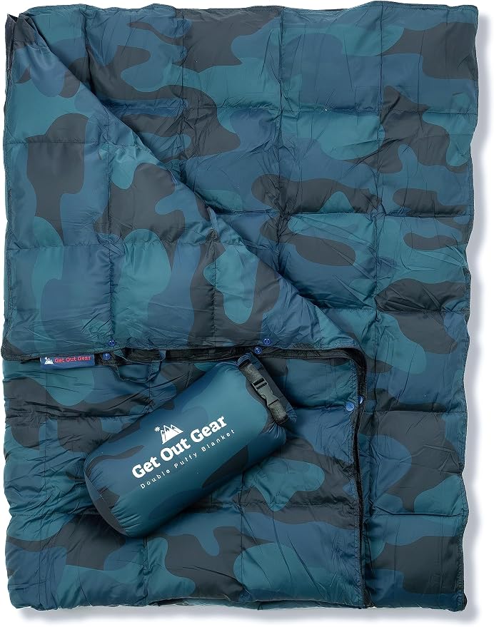Get Out Gear Down Camping Blanket - Puffy, Packable, Lightweight and Warm | Ideal for Outdoors, Travel, Stadium, Festivals, Beach, Hammock | 650 Fill Power Water-Resistant Backpacking Quilt by Get+Out+Gear