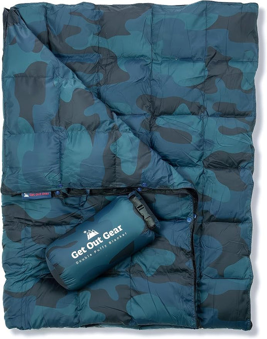 Get Out Gear Down Camping Blanket - Puffy, Packable, Lightweight and Warm | Ideal for Outdoors, Travel, Stadium, Festivals, Beach, Hammock | 650 Fill Power Water-Resistant Backpacking Quilt by Get+Out+Gear
