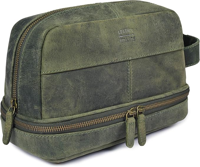 LEATHER VILLAGE Genuine Leather Dopp Kit - Travel Bag with Waterproof Lining, Large Capacity Toiletry Bag, Dual-Zip Design for Men & Women, Shaving & Bathroom Essentials Organizer - Olive by LeatherVillage
