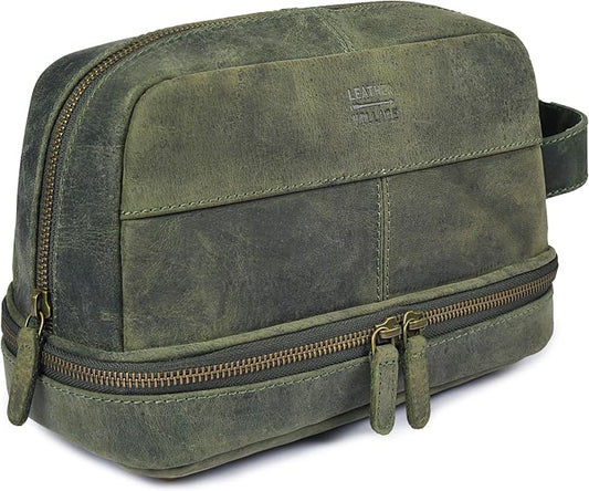 LEATHER VILLAGE Genuine Leather Dopp Kit - Travel Bag with Waterproof Lining, Large Capacity Toiletry Bag, Dual-Zip Design for Men & Women, Shaving & Bathroom Essentials Organizer - Olive by LeatherVillage