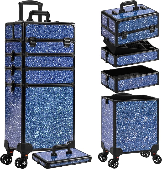 AROUS Rolling Makeup Train Case 5 in 1 Cosmetology Case on Wheels Large Cosmetic Organizer Travel Cart for Hairstylist Artist Nail Beauty Salon Barber,Blue by Unknown