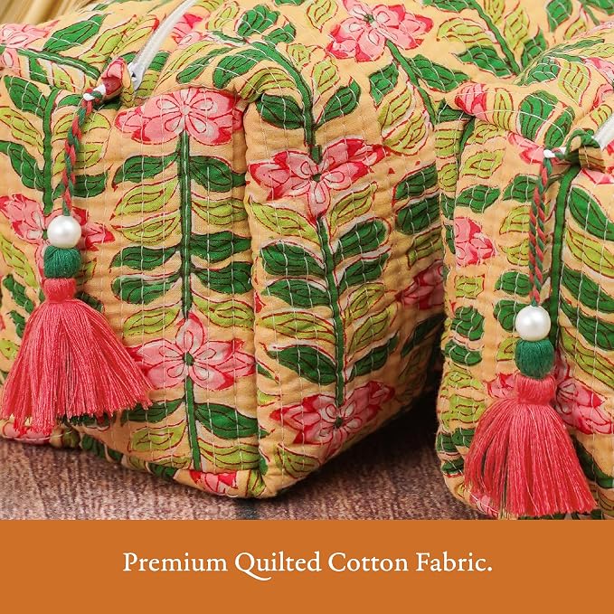 Saffron Marigold Quilted Makeup Bag Set of 3, Hand Block Printed Cotton Cosmetic Bags for Women, Waterproof Lined Travel Toiletry Bag, Coquette Aesthetic, Handmade Gift, Madagascar Prewinkle Butter - Image 6