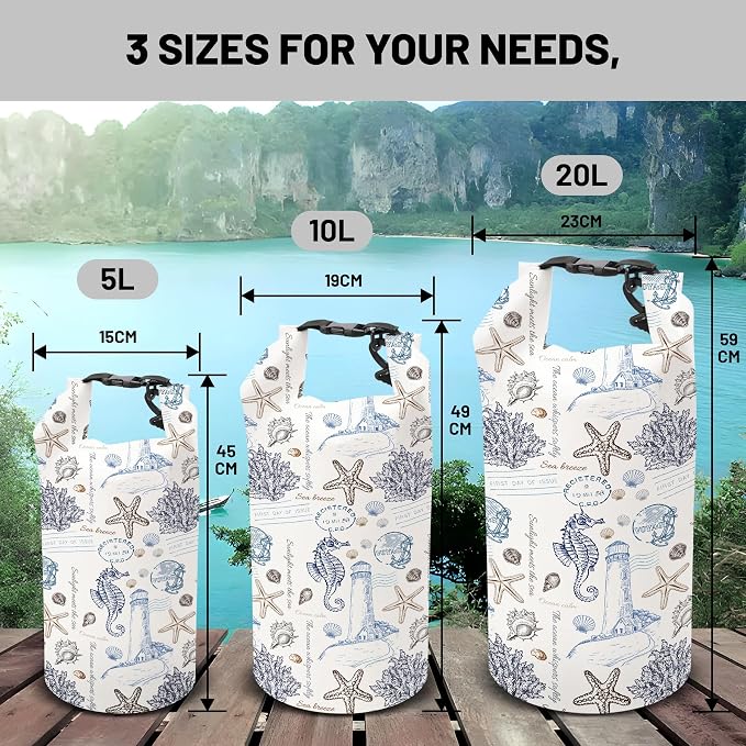 Waterproof Dry Bag,Seahorse Lighthouse Coral Starfish Small Waterproof Backpack 2L/5L/10L/20L/30L/40L Floating Lightweight Bags for Kayaking, Boating, Fishing, Swimming with Waterproof Phone Case - Image 6