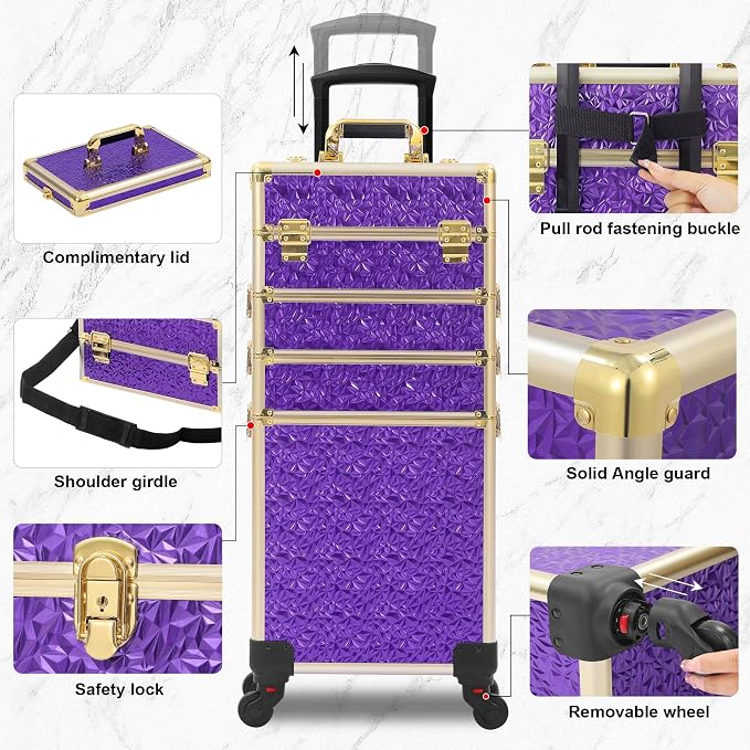 Somduy Rolling Makeup Case, Makeup Train Case with Lid, 5 in 1 Cosmetology Case on Wheels, Christmas Gift, Large Makeup Organizers, Profesional Cosmetic Case for Salon Barber, Purple Gold - Image 3