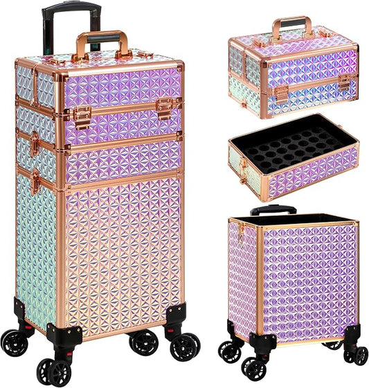 Rolling Makeup Train Case Cosmetology Case on Wheels, Colorful | Large Cosmetic Trolley Organizer with Keys Salon Barber Case Traveling Cart Trunk for Artist Hairstylists Nail Tech by Unknown