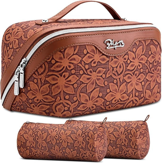 BOYATU Travel Makeup Bag Cosmetic Bags for Women: Large Capacity 3 Pcs Set Make up Bag with Compartments - Waterproof Vegan Leather Toiletry Organizer Bags with Handle (Z-61Brown) by BOYATU