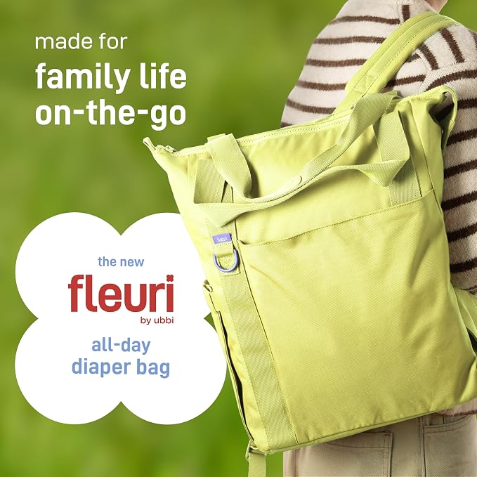 Ubbi Fleuri All-Day Diaper Bag Backpack, Features 12 Pockets, Insulated Bottle Pocket, Wet Bag, Changing Mat, Stroller Straps and Dust Pouch, Lightweight, Easy-Clean & Travel Ready, Honeydew - Image 2