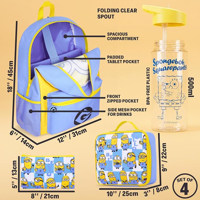 Get Trend Despicable Me Minions Kids Backpack 4 Piece Set for Boys, Girls | 18 Inch Bookbag with Insulated Lunch Bag, Zipped Pencil Case & BPA-Free Water Bottle, Back to School Gifts for Kids - Image 3
