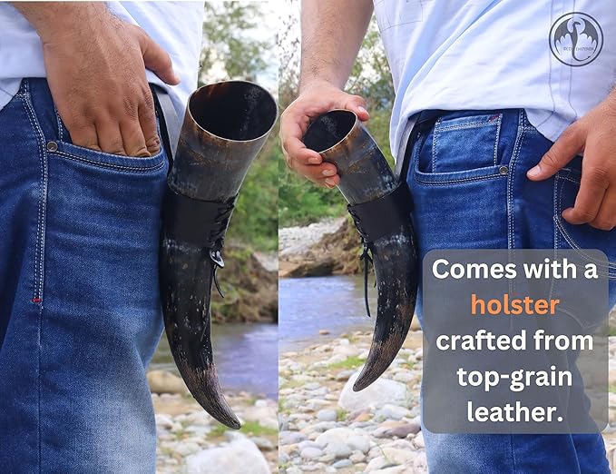 OLDEMPEROR Viking Drinking Horn - 12 Inch with Leather Holster | Handmade Beer Cup | Food Grade | Genuine Ox Horn | Natural Shine Finish | LARP | Viking Chirstmas Gifts for Men & Women