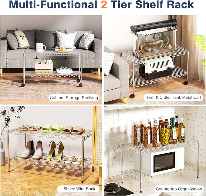 2-Tier Heavy Duty Shelving Unit,36" Wx18 Dx19.5H,Wire Shelf Rack with Lockable Wheels,Height Adjustable Metal Storage Shelves Organizer for Living Room,Garage,Kitchen,Office,Laundry,Pantry - Image 5