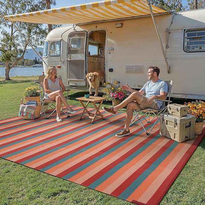 PureCozy Outdoor Waterproof Patio Rug 9x12 Plastic Straw Reversible Outside Orange Red Colorful Striped Carpet Lightweight Large Rug for Camping RV Porch Deck Balcony Beach - Image 2