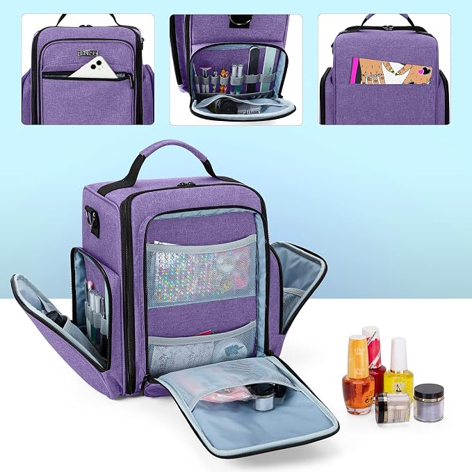 BAFASO Nail Polish Organizer Holds 48 Bottles (15ml - 0.5 fl.oz) and a Nail Lamp, Large Nail Polish Case with 2 Removable Pouches and Multiple Storage Sections (Patented Design), Purple | Fits for15ml - 0.5 fl.oz, Nail Polish Case with 2 Removable Pouc... - Image 3