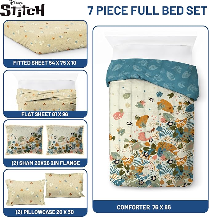 Disney Lilo and Stitch Full Size Comforter Set 7 Piece Bedding, Multi | Floral Bed in a Bag, Comforter Sheets Shams Pillowcases, Official Product, Soft Microfiber, Machine Washable, Girls Gift - Image 3