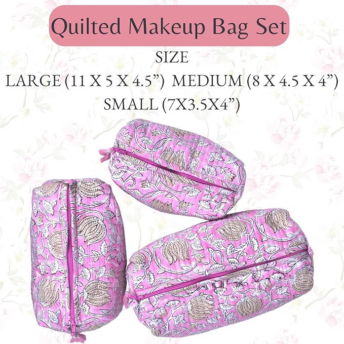 Quilted Floral Block Print Makeup Bag Set of 3 – Cotton Travel Toiletry and Makeup Organizer, Cosmetic Pouch, Toiletry Bag for Women, Cute Boho Coquette Make Up Bags for Women (Small, Medium, Large) - Image 2