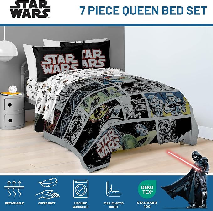 Star Wars Queen Comforter Set 7 Piece Soft Bedding for Boys, Multi | Darth Vader Yoda, Bed in a Bag, Comforter Sheets Shams Pillowcases, Soft Microfiber, Machine Washable, Boys Gift - Image 4