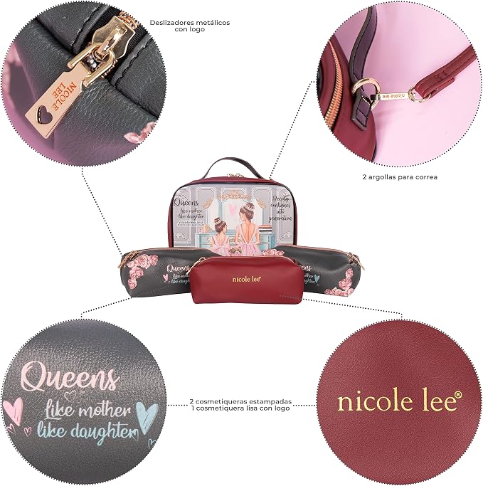 Nicole Lee Travel Handbag Crossbody Set with 3 Fashion Print Makeup Pouches, Women's Cosmetic Toiletry Organizer (Double Queens) - Image 3