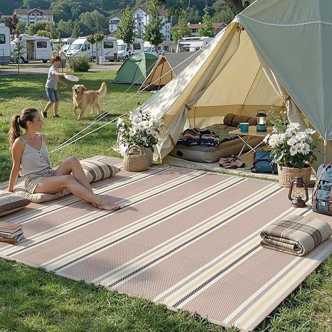 PureCozy Outdoor Waterproof 6x9 Rug for Patio Reversible Plastic Straw Beige Striped Camping Mat Outside Lightweight Large Floor Mat for RV Deck Beach Balcony Picnic Backyard Entry Porch by PureCozy