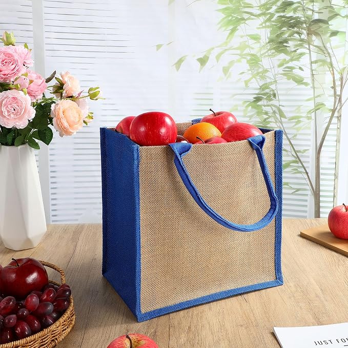 Saintrygo 12 Pcs Burlap Jute Tote Bags with Handle Reusable Blank Bridesmaid Gift Bags for Shopping Wedding DIY, 12x12x7.7In(Jute and Blue) - Image 5