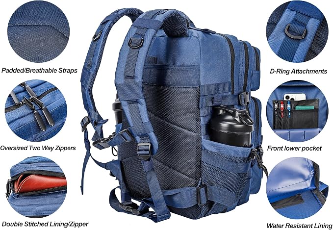 LHI Military Tactical Backpack for Men and Women 45L Army 3 Days Assault Pack Bag Large Rucksack with Molle System - Blue - Image 5