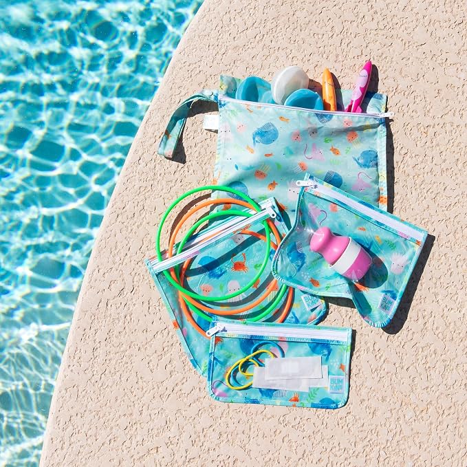 Bumkins - Waterproof Wet Bag & Clear Travel Bags - For Beach, Baby, Travel, Swim Suit, Cloth Diapers, Pump Parts, Pool, Gym, Toiletries - Reusable & Easy to Clean - Ocean Life Blue - 4 Pack - Image 2