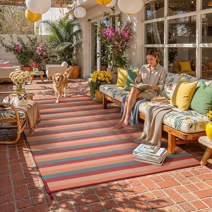PureCozy Outdoor Waterproof Patio Rug 8x10 Plastic Straw Reversible Outside Orange Red Colorful Striped Carpet Lightweight Large Rug for Camping RV Porch Deck Balcony Beach - Image 3