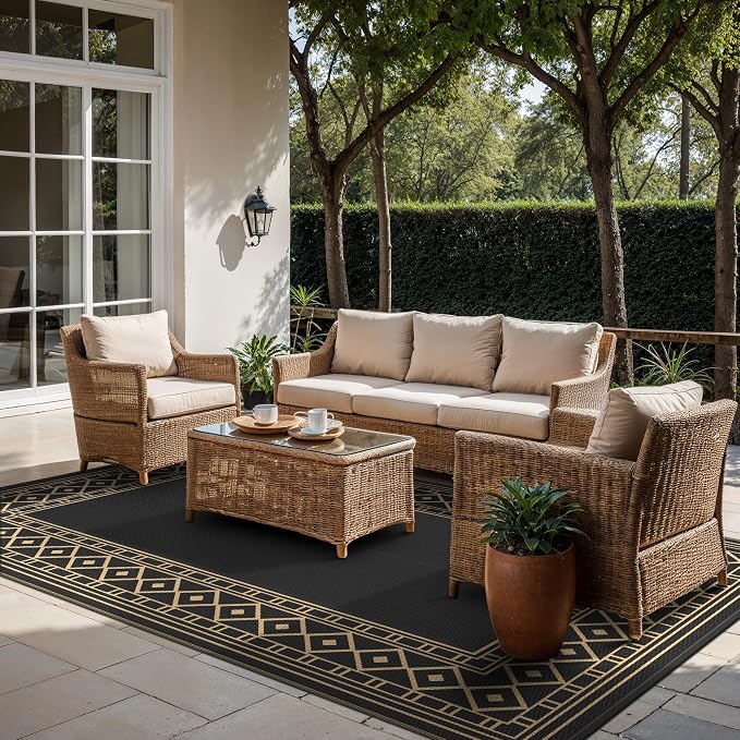 GENIMO Outdoor Rug, Waterproof Plastic Rugs 10'x20' for Camping Black Brown | Outside Larger Modern Carpet Mat for Porch Decor, Deck, Balcony, Camping, RV, Backyard, Picnic, Beach, Reversible - Image 4