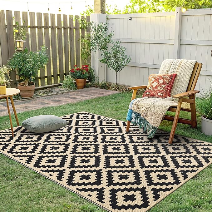 Smiry Waterproof Outdoor Rug 4x6 ft, Reversible Plastic Straw Patio Camping Rugs, Outdoor Indoor RV Mat Carpet for Patio, Outside Entry, Backyard, Deck, Bench, Picnic, Camper, Black & Beige - Image 6