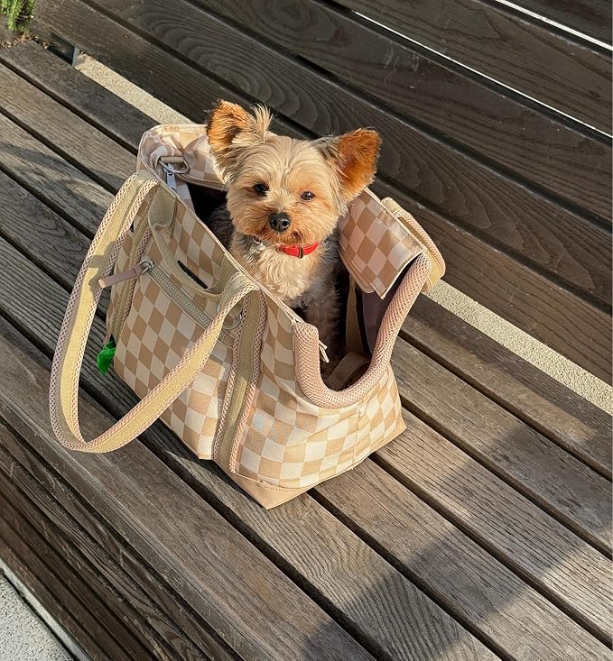 Cleverpup Transit Tote Dog Carrier for Small Dogs Under 8 lbs, 16x11x8 Soft-Sided 4-Pc Set with Waterproof Base, Plush Insert, Food Pouch, Mesh Head Opening - Small, Checkerboard - Image 5