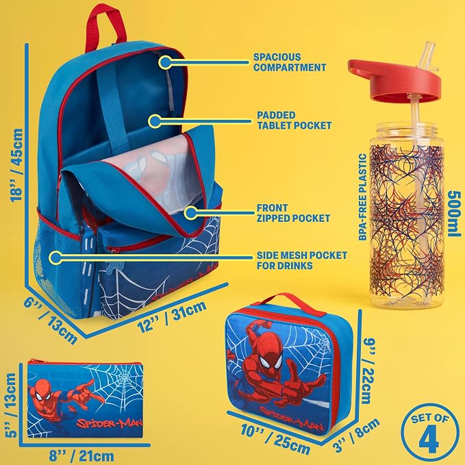Get Trend Marvel Spider-Man Boys Backpack Set 4 Pc with Insulated Lunch Bag, Pencil Case & BPA Free Water Bottle for School, Gifts for Boys (Blue/Multi Spiderman) - Image 3