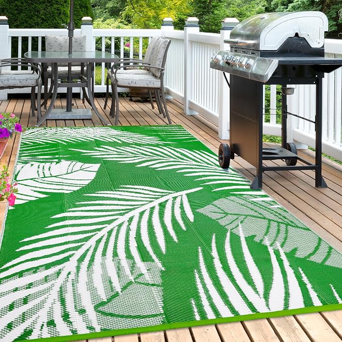 Waterproof Outdoor Rug 8x10ft, Green Leaf Reversible Plastic Straw Mat for Patio RV Deck Porch Backyard Balcony Camping Picnic Beach Indoor Outdoor Carpet, Green&White - Image 6