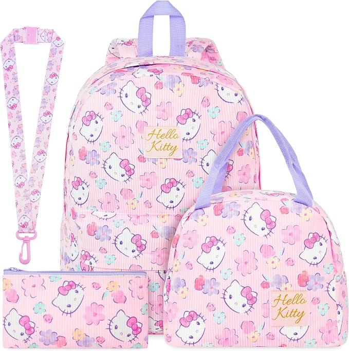 Get Trend Hello Kitty Girls Corduroy Backpack 4 Piece Set | 17 inch Bookbag with Laptop Pocket, Insulated Lunch Bag, Zipped Pencil Case & Lanyard, Back to School Kawaii Gifts for Girls by GetTrend