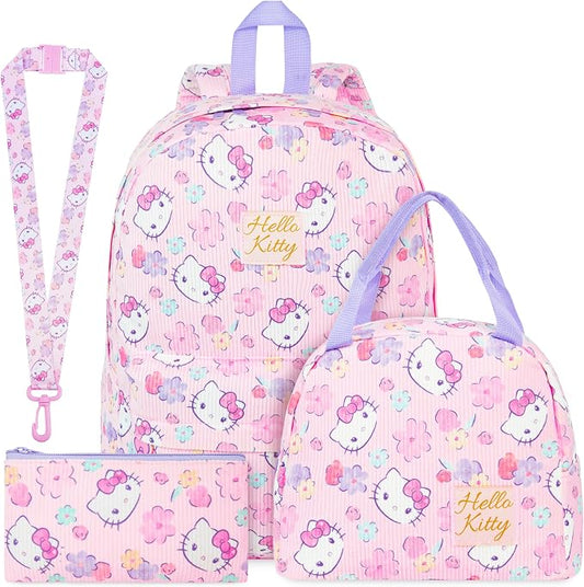Get Trend Hello Kitty Girls Corduroy Backpack 4 Piece Set | 17 inch Bookbag with Laptop Pocket, Insulated Lunch Bag, Zipped Pencil Case & Lanyard, Back to School Kawaii Gifts for Girls by GetTrend