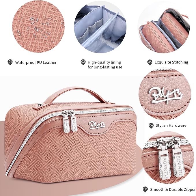 BOYATU Travel Makeup Bags for Women: Vintage Roman Column Texture | Each Journey, Quiet Luxury Serenity - 3 Pcs Set Large Capacity Cosmetic Bag Organizer Toiletry Purse(Pink) - Image 4