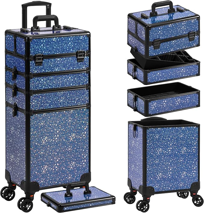 AROUS Rolling Makeup Train Case 5 in 1 Cosmetology Case on Wheels Large Cosmetic Organizer Travel Cart for Hairstylist Artist Nail Beauty Salon Barber,Blue - Image 9