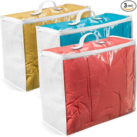 VitalUp 3 Pack Clear Plastic Storage Bags, Durable Zippered Storage Bags for Comforters, Blankets, Clothes, and Bedding - Breathable Nonwoven with Clear Front for Easy Organizing 20x20x8 by Vitalup