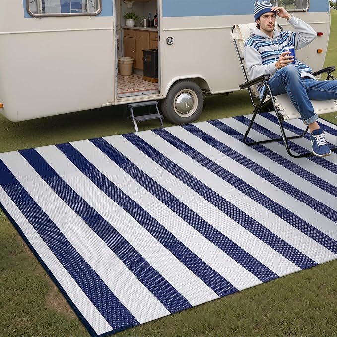 PureCozy Outdoor Waterproof Patio Rug 8x10 Plastic Straw Reversible Lightweight Outside Navy Blue Striped Large Carpet Outdoor for Camping RV Porch Deck Balcony Beach - Image 8