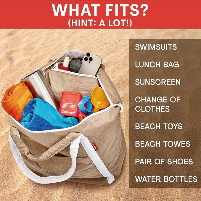 Bodysurf Beach Bag Waterproof Sandproof, Foldable Packable Travel Zip Tote - Image 4