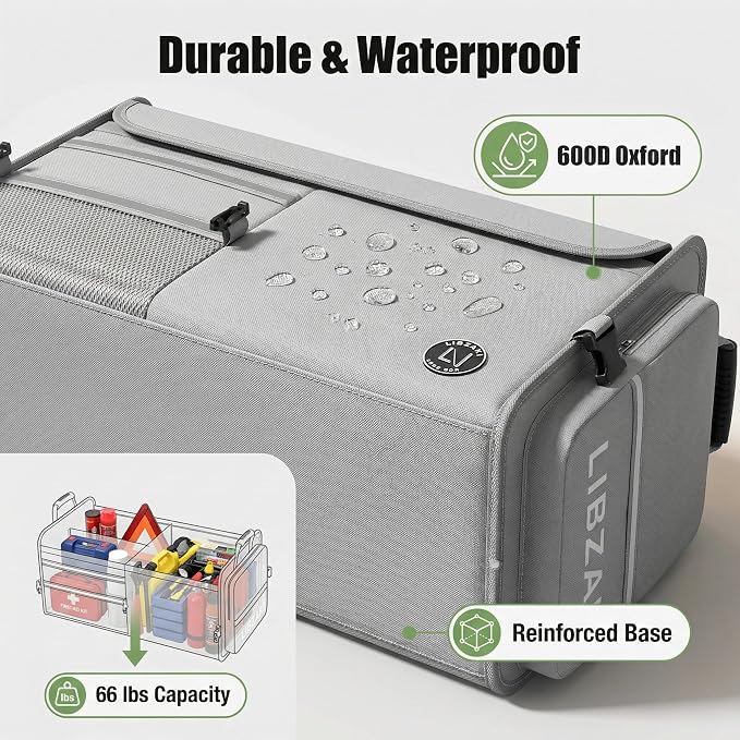 LIBZAKI Car Trunk Storage Organizer, Multi Compartment Collapsible Trunk Storage Box for Car Truck SUV-Gray - Image 4