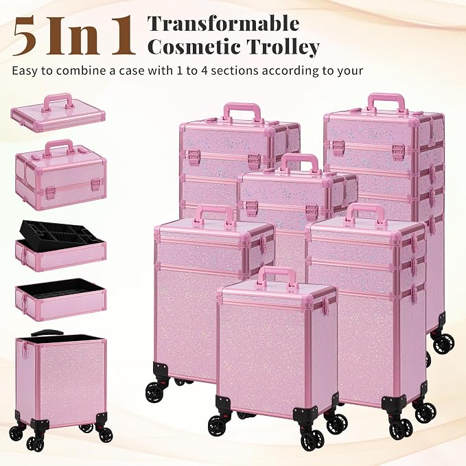 AROUS Rolling Makeup Train Case Large Storage Cosmetic Trolley 5 in 1 Large Capacity Trolley Makeup Travel Case with Key Swivel Wheels Salon Barber Case Traveling Cart Trunk, Pink - Image 2