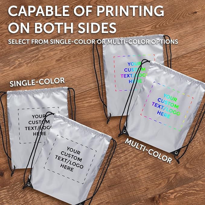 DISCOUNT PROMOS Custom Urban Shiny Drawstring Bags Set of 10/50/100, Personalized Bulk Pack - Bring Everywhere You Go, Perfect for Employees, For Everyday Use - Silver - Image 6